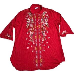 Embroidered Button Down Floral Tunic Blouse 1X Boho